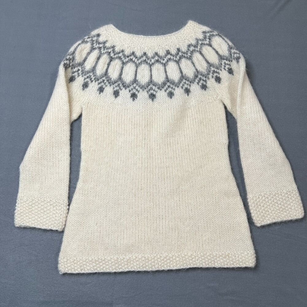 Nordic Store Sweater Women Large Ivory Gray Icelandic Wool Hand Knitted Pullover